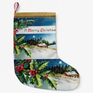 Vintage Retro Stechpalmenblätter und Schneeszene Kleiner Weihnachtsstrumpf
