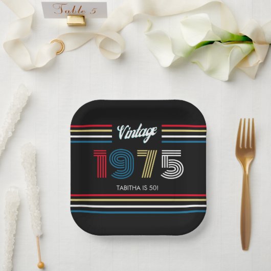Vintage Retro Stripe 1975 Primärfarben Pappteller (Hochzeit)