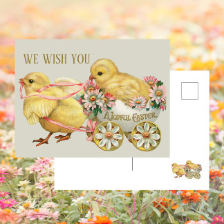 Vintage Retro Süße Hühner Blumen Oster Feiertagspostkarte