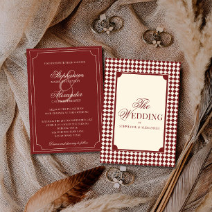 Vintage Retro Tiefroter Karierter Old Money Hochze Einladung