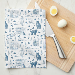Vintage Retro Toile-Muster Katze Katzenminze Weiß Geschirrtuch