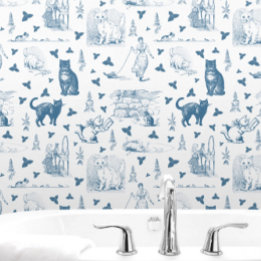Vintage Retro Toile-Muster Katze Katzenminze Weiß Tapete