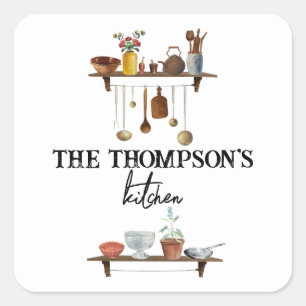 Vintage Retro Wasserfarben Küchenutensilien Quadratischer Aufkleber