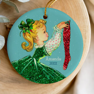 Vintage Retro-Weihnachten grünes Mädchen roter Str Keramik Ornament