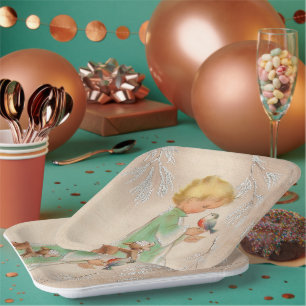 Vintage Retro Weihnachten Kind Hirsch Vogel Party Pappteller