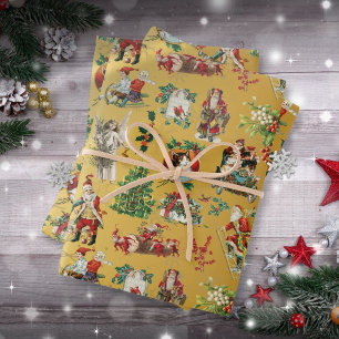 Vintage Retro Weihnachts-Feiertags-Muster Gold Geschenkpapier Set