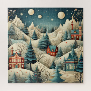 Vintage Retro-Weihnachtsdorf Kiefern Schnee Puzzle