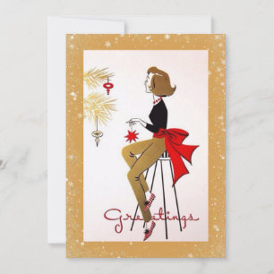 Vintage Retro Weihnachtsfrau Gold Feiertagskarte