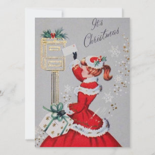 Vintage Retro-Weihnachtsfrau im roten Kleid Feiertagskarte