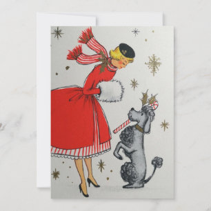 Vintage Retro Weihnachtsfrau mit Pudel Feiertagskarte