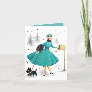 Vintage Retro Weihnachtsfrau mit Scotty Dog Feiertagskarte