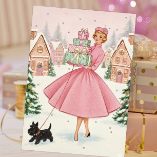 Vintage Retro-Weihnachtsfrau mit Scotty Dog Feiertagskarte