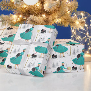 Vintage Retro Weihnachtsfrau mit Scotty Dog Geschenkpapier