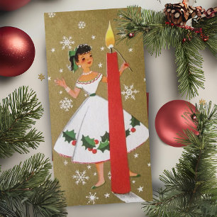 Vintage Retro-Weihnachtsgirl in Gold und Weiß Feiertagskarte