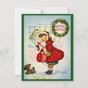 Vintage Retro Weihnachtsgruß Mädchen mit Welpe Feiertagskarte