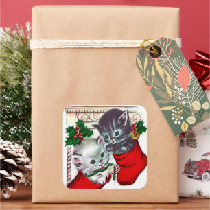 Vintage Retro Weihnachtskatzen Feiertags-Aufkleber Quadratischer Aufkleber