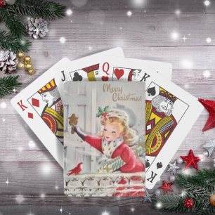 Vintage Retro-Weihnachtsmädchen mit Geschenken Url Spielkarten