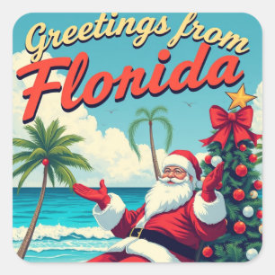 Vintage Retro Weihnachtsmann am Strand - Florida Quadratischer Aufkleber