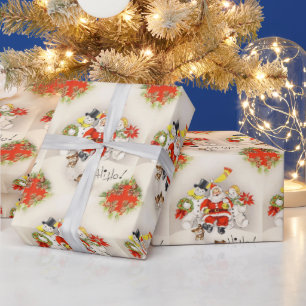 Vintage Retro Weihnachtsmann Zwei Schneemänner Süß Geschenkpapier