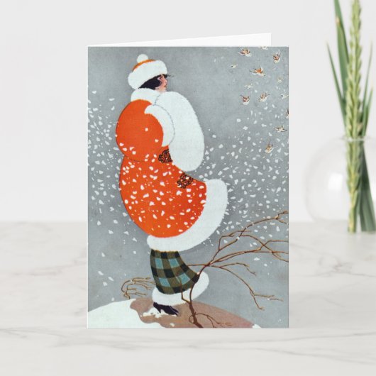 Vintage Retro-Winterfrau schneidet grau-weiß Karte (Vorderseite)