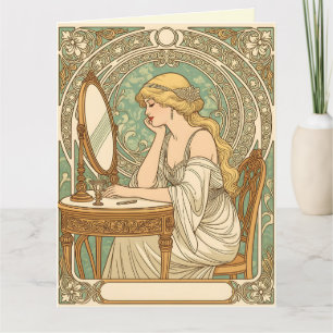 Vintage retro women with miror midecorative patter karte