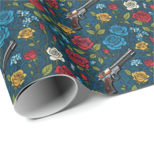 Vintage Revolver Blumenmuster mit Rosen in Dunkelb Geschenkpapier