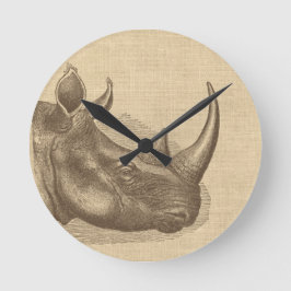 Vintage Rhino-Illustration auf Burlap Runde Wanduhr