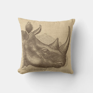 Vintage Rhino-Illustration auf Burlap-Throw-Kissen Kissen