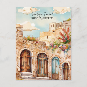 Vintage Rhodos Stadt Griechenland Reise Aquarell Postkarte