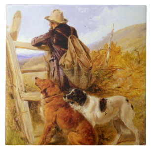 Vintage Richard Ansdell The Gamekeeper Hunde Golde Fliese