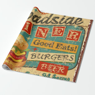 Vintage Roadside Diner Metallschild. diner, retro, Geschenkpapier