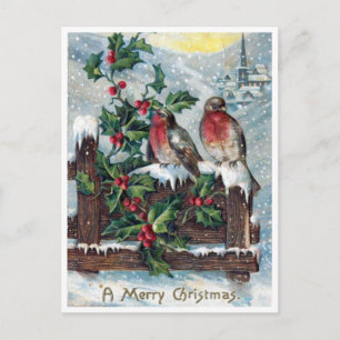 Vintage Robin Birds und Holly Frohe Weihnachten Postkarte