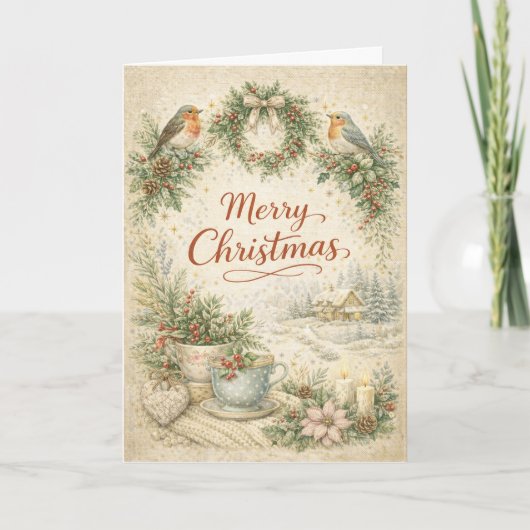 Vintage Robin Kranz Frohe Weihnachten (Vorderseite)