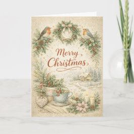 Vintage Robin Wreath Merry Christmas  Feiertagskarte