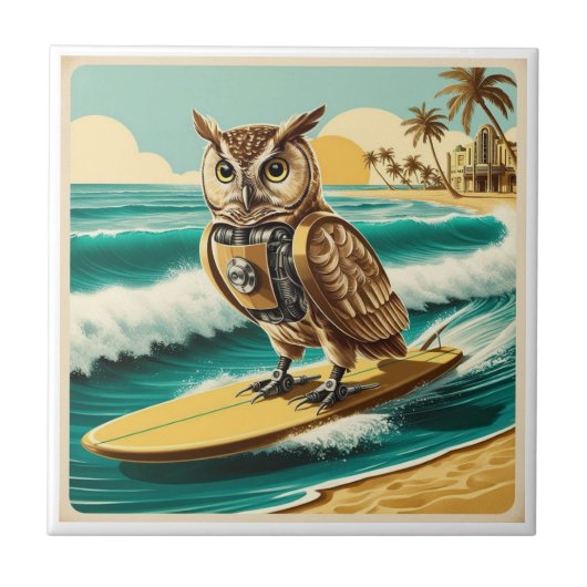 Vintage Roboteneule surft am Strand Fliese (Vorderseite)