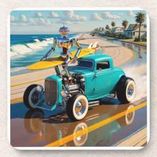 Vintage Roboter mit einem Surfbrett am Strand Getränkeuntersetzer