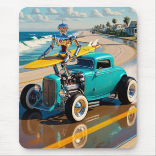 Vintage Roboter mit einem Surfbrett am Strand Mousepad