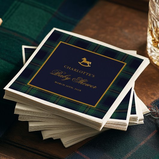 Vintage Rocking Horse Plaid Baby Shower Serviette