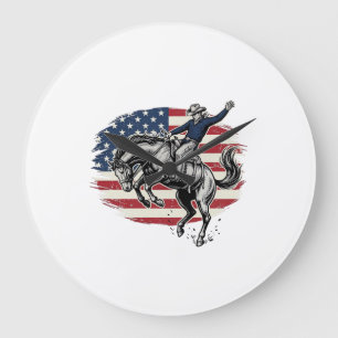 Vintage-Rodeo-Cowboy-patriotischer-Pferdereiter-Ve Große Wanduhr