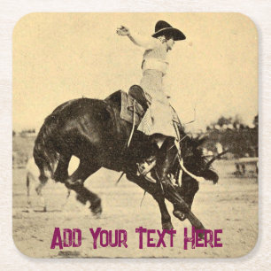 Vintage Rodeo-Cowgirl auf einem bockenden Pferd Fo Rechteckiger Pappuntersetzer