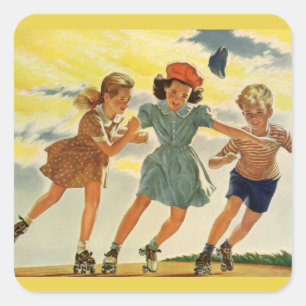 Vintage-Rollschuhspaß Kinder Jungen und Mädchen Quadratischer Aufkleber