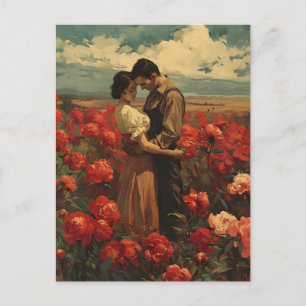Vintage Romance: Paar auf rotem Päonienfeld Postkarte