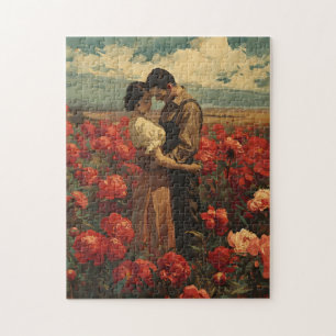 Vintage Romance: Paar im roten Pfingstrosenfeld Puzzle