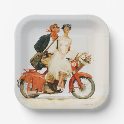 Vintage Romantik auf einem roten Roller Pappteller (Vorderseite)