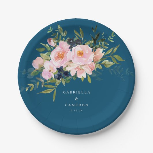 Vintage Romantik Florals bei Blue Wedding Pappteller (Vorderseite)