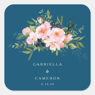 Vintage Romantische Blumen in Blau Hochzeit Quadratischer Aufkleber