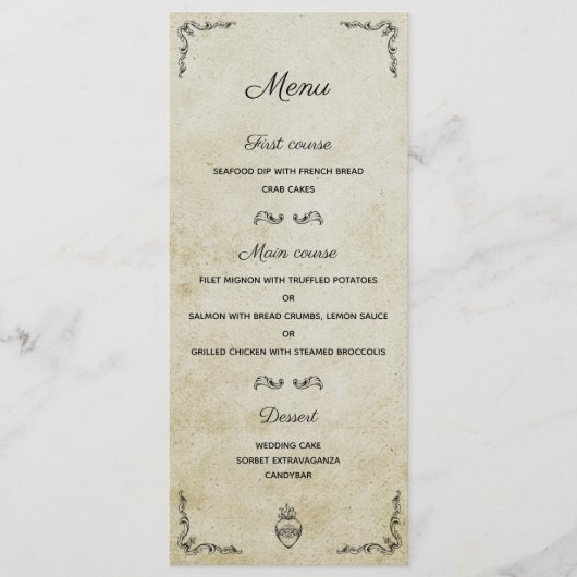 Vintage romantische Hochzeitskarte Menükarte (Vorderseite)