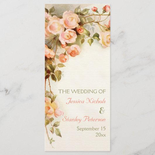 Vintage romantische Malerei von Rose Hochzeitsprog Programm (Vorderseite)