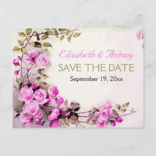 Vintage romantische rosa Rosen Hochzeit Save the D Ankündigungspostkarte