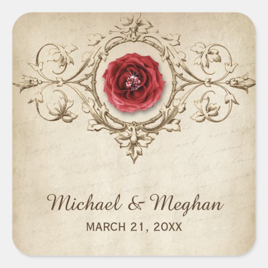 Vintage romantische Rose Blühe Hochzeit Quadratischer Aufkleber (Vorderseite)